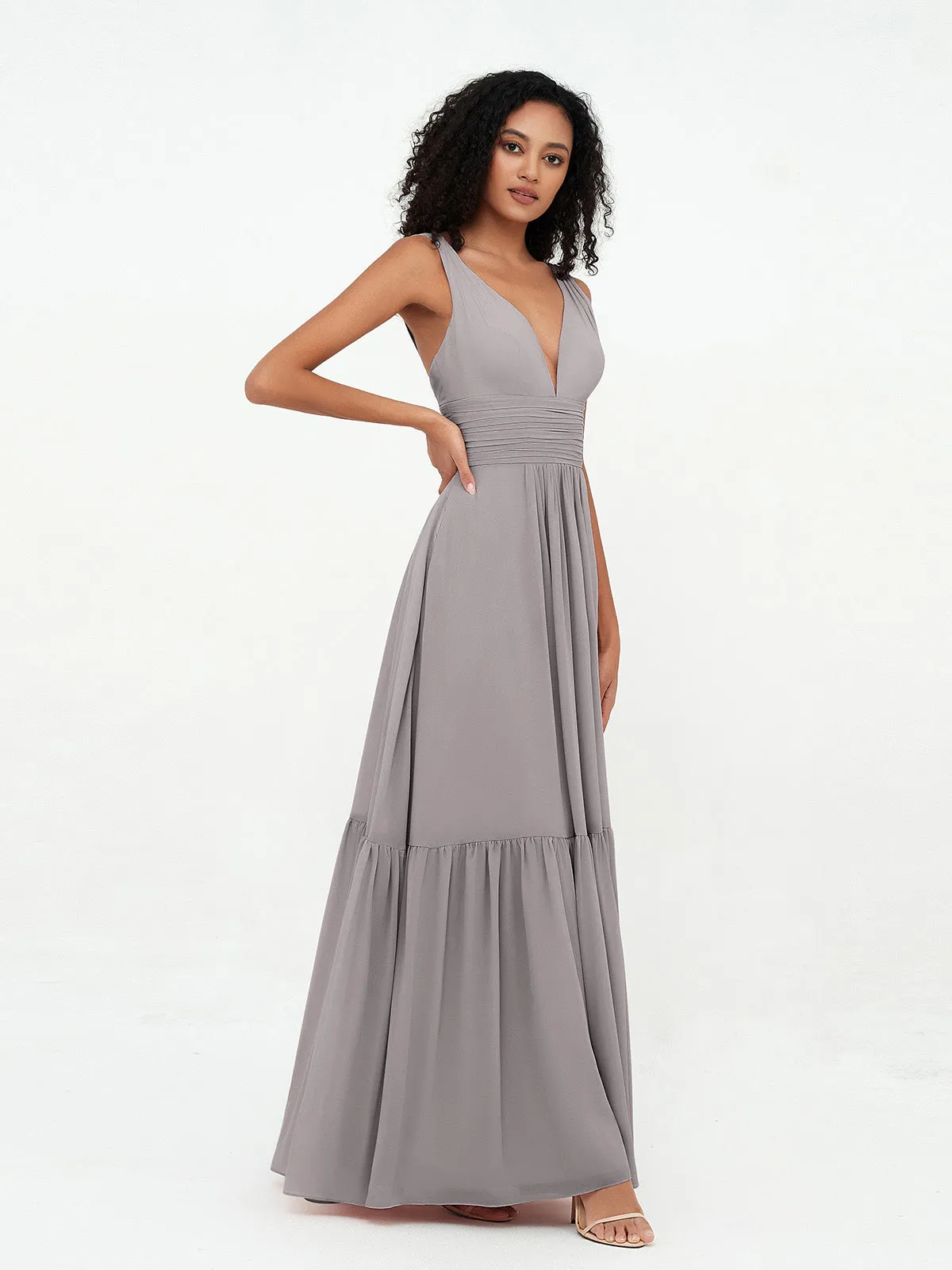 Deep-V Neck Chiffon Tiered Skirt Boho Dresses-Silver Plus Size