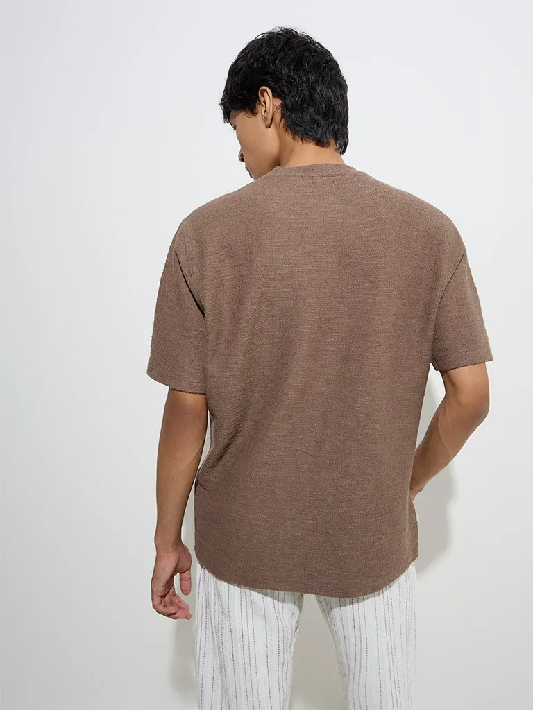 ETA Dark Taupe Knitted Relaxed-Fit Cotton-Blend T-Shirt