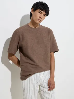 ETA Dark Taupe Knitted Relaxed-Fit Cotton-Blend T-Shirt