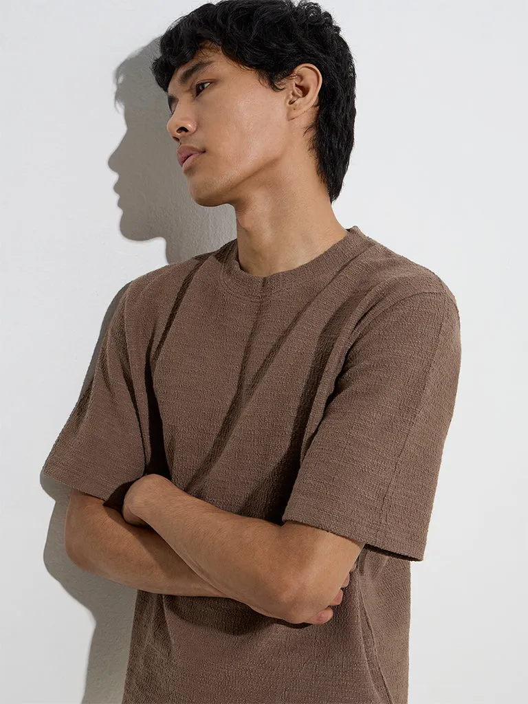 ETA Dark Taupe Knitted Relaxed-Fit Cotton-Blend T-Shirt