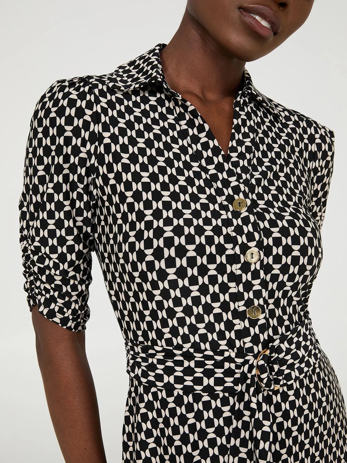 Geo Print Button-Front Midi Dress With Pockets