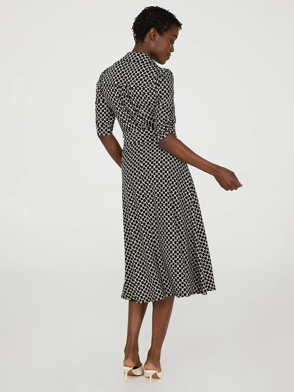 Geo Print Button-Front Midi Dress With Pockets