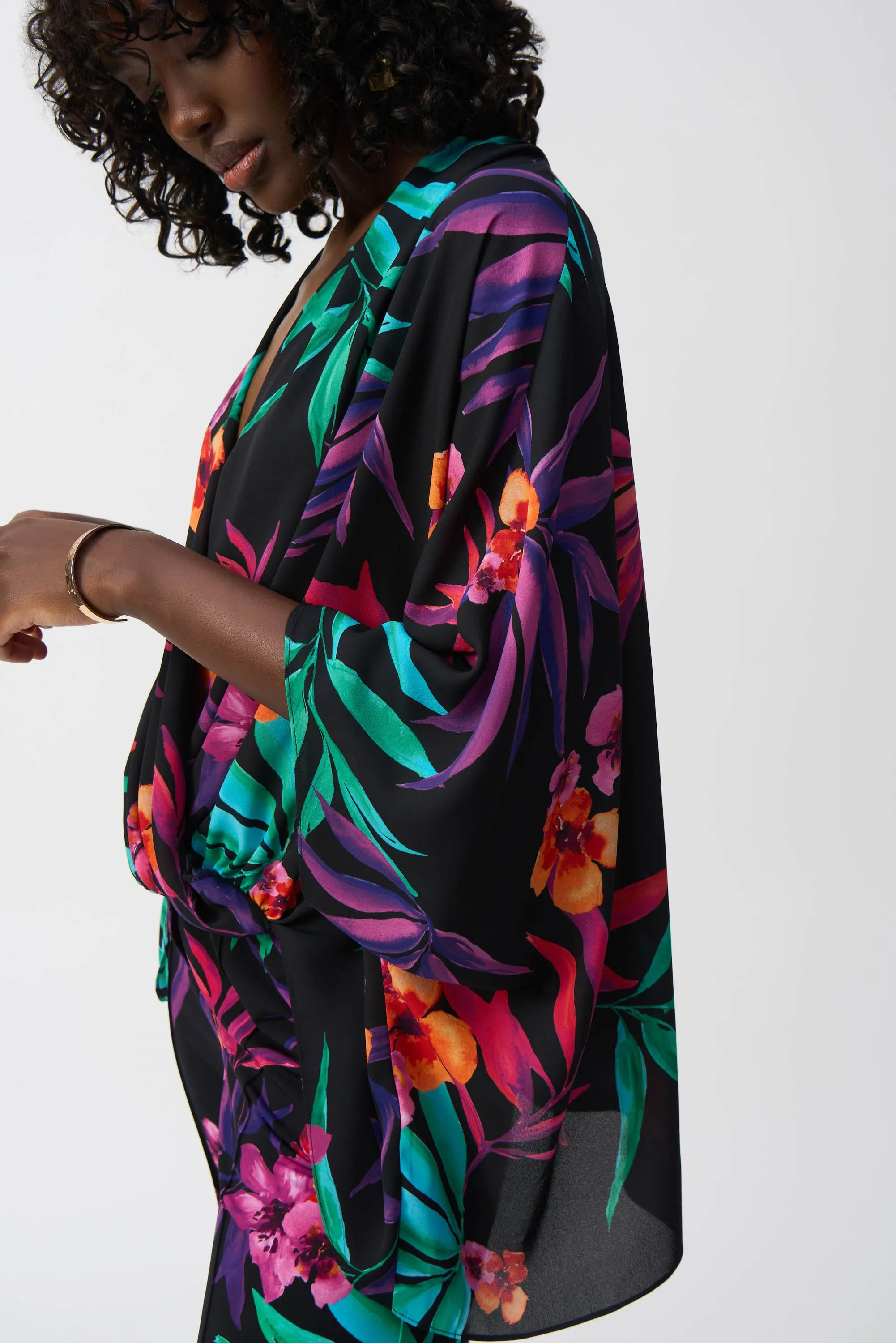 Georgette Tropic Print Wrap Look Top, Black/Multi