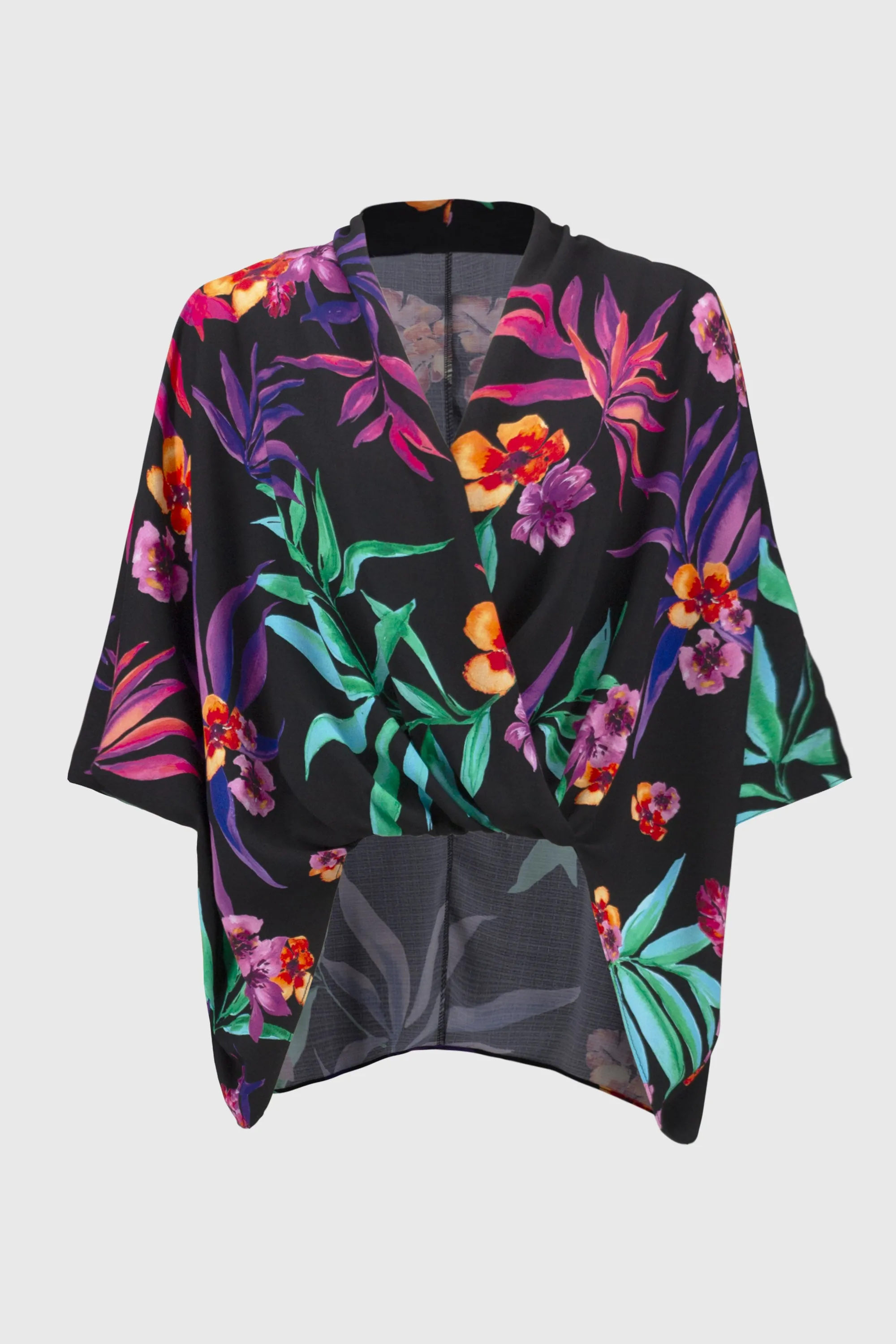 Georgette Tropic Print Wrap Look Top, Black/Multi