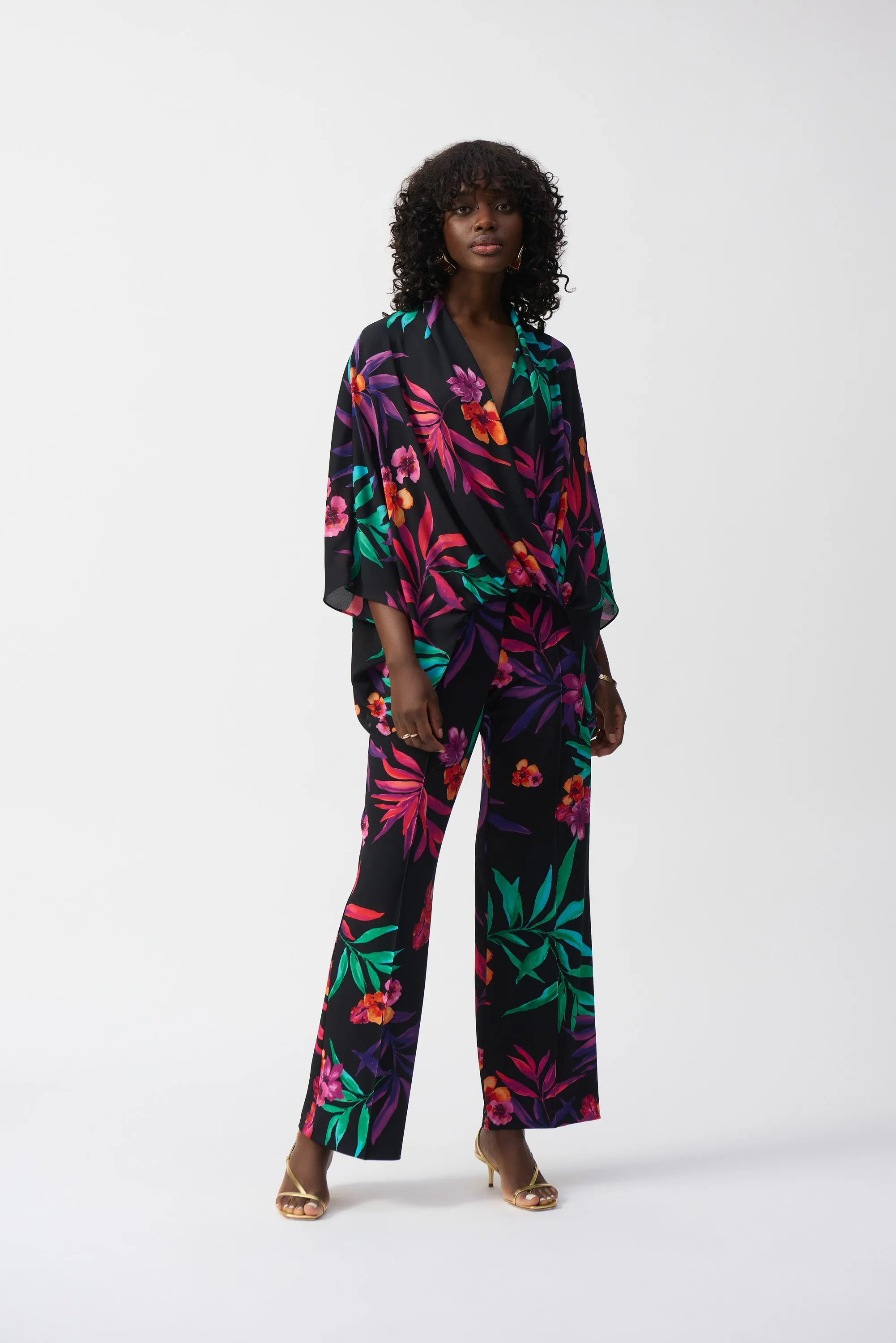 Georgette Tropic Print Wrap Look Top, Black/Multi