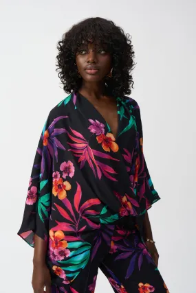 Georgette Tropic Print Wrap Look Top, Black/Multi