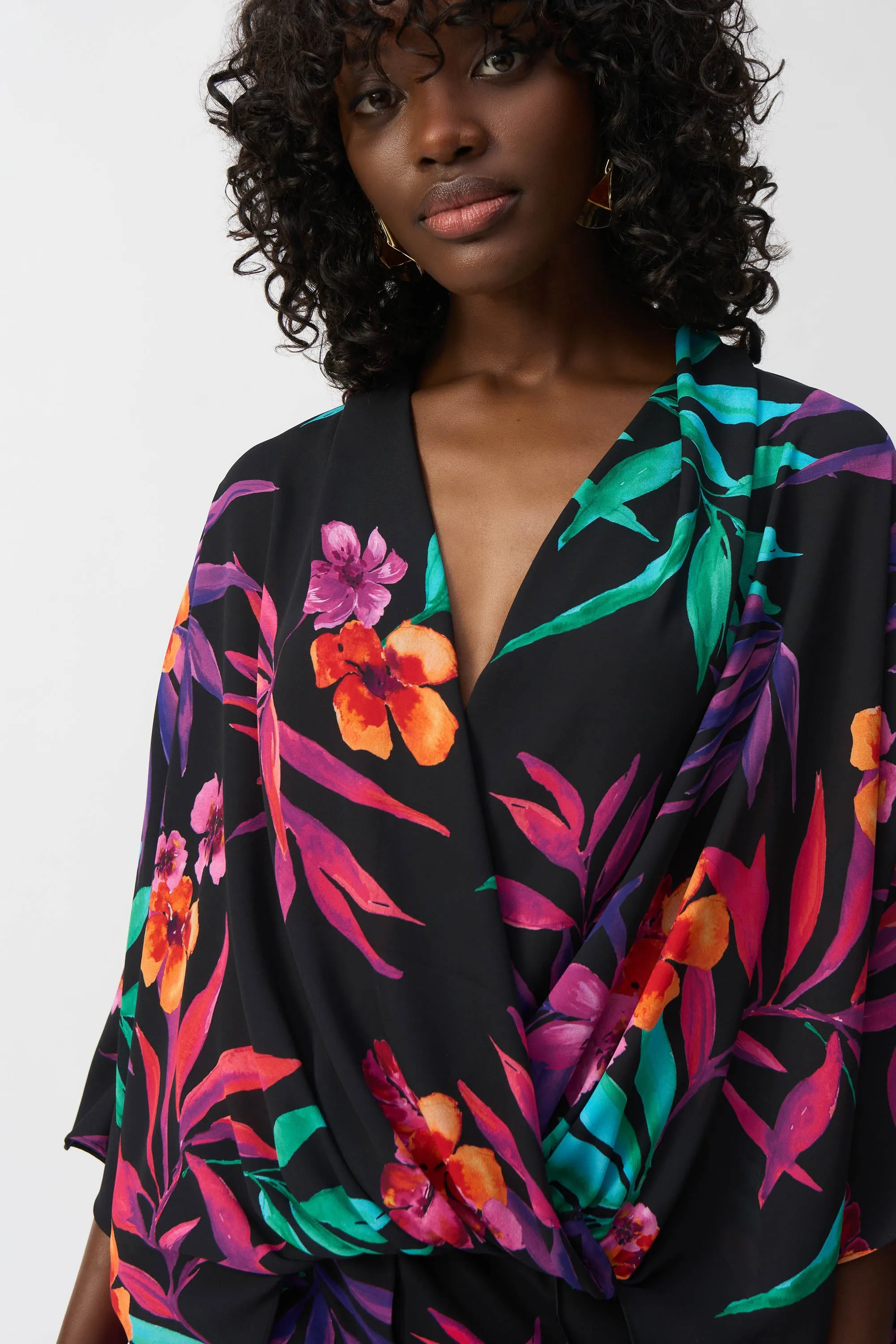 Georgette Tropic Print Wrap Look Top, Black/Multi