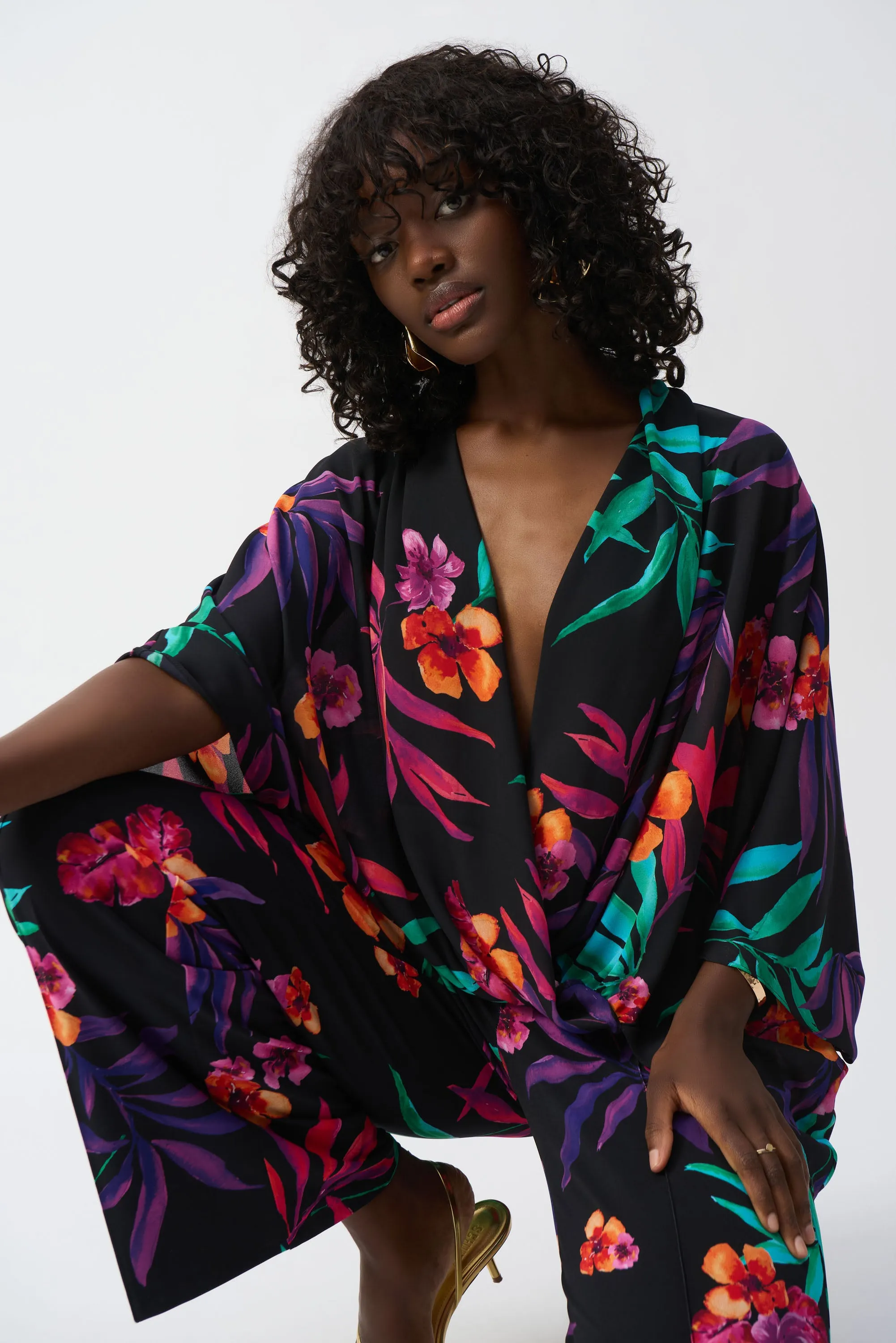 Georgette Tropic Print Wrap Look Top, Black/Multi