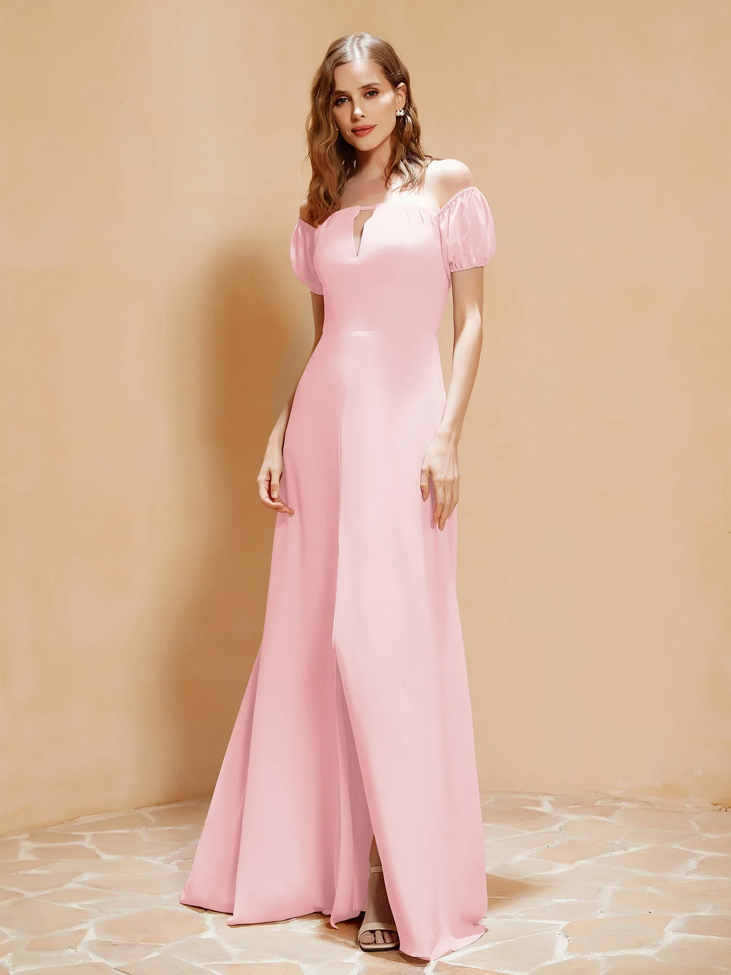 Half Sleeve Backless A-line Chiffon Dress Blushing Pink