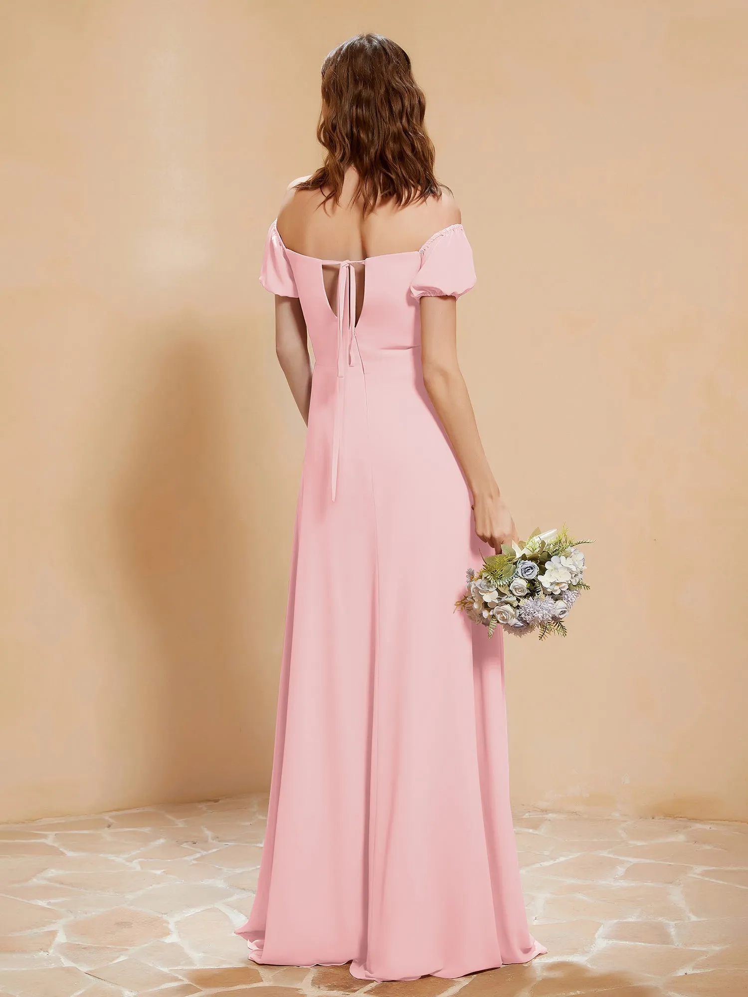 Half Sleeve Backless A-line Chiffon Dress Blushing Pink