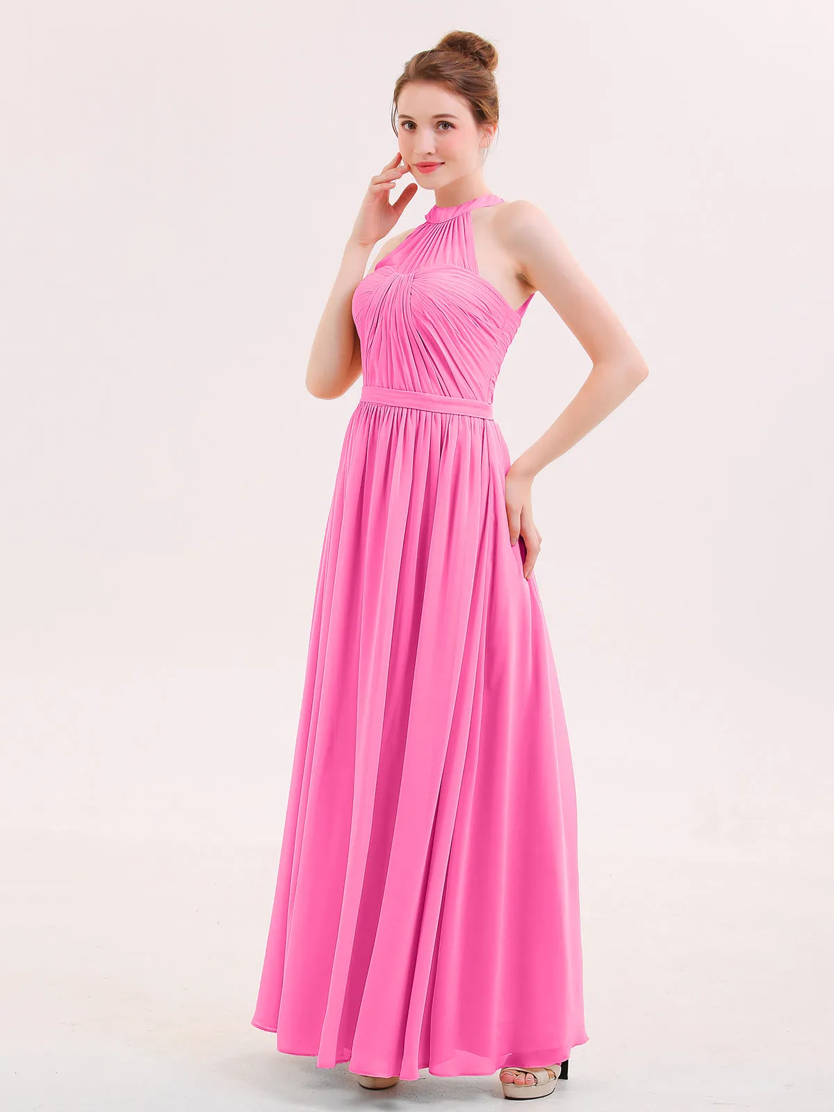 Halter Chiffon Long Bridesmaid Gown with Belt Azalea
