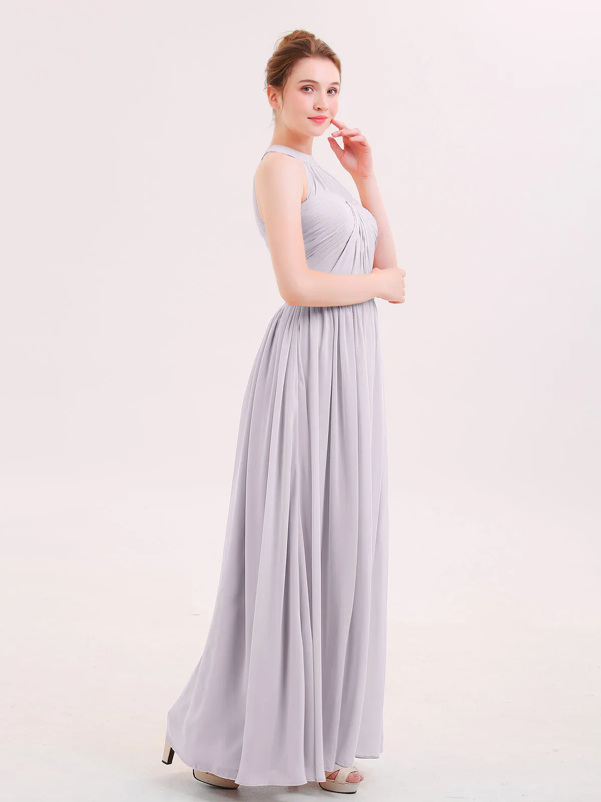 Halter Chiffon Long Bridesmaid Gown with Belt Dusk