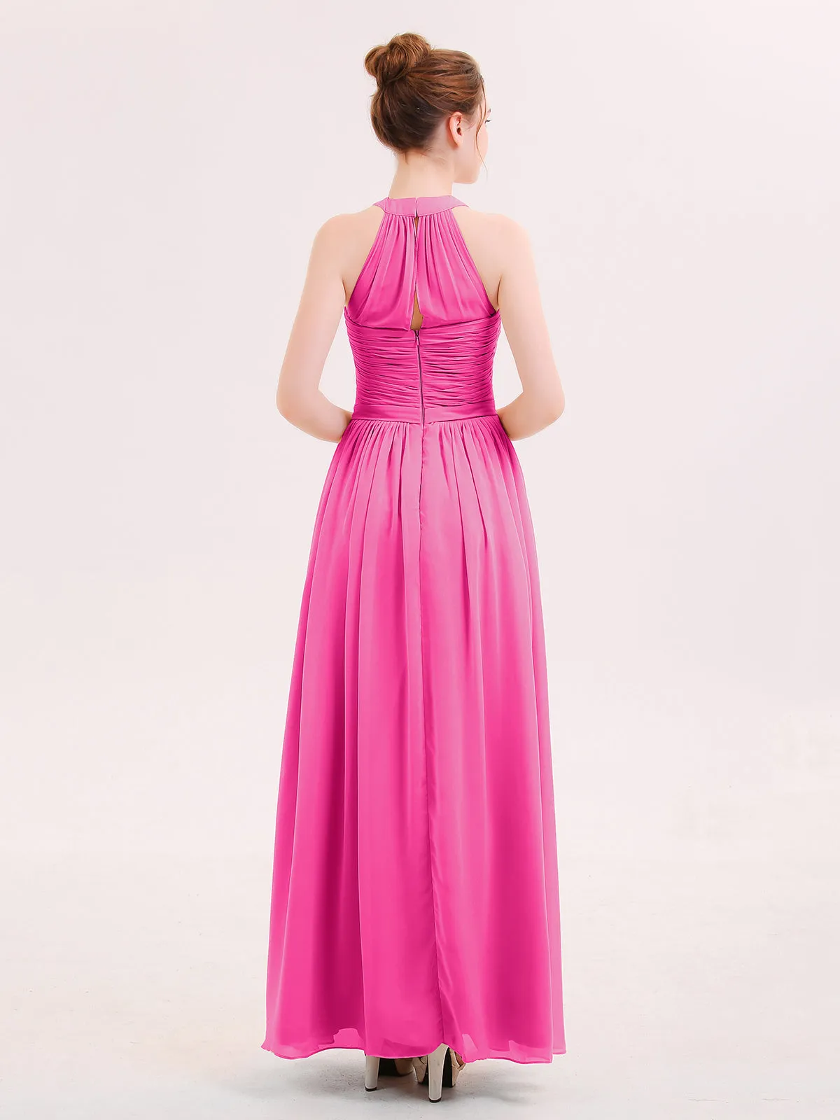 Halter Chiffon Long Bridesmaid Gown with Belt Fuchsia