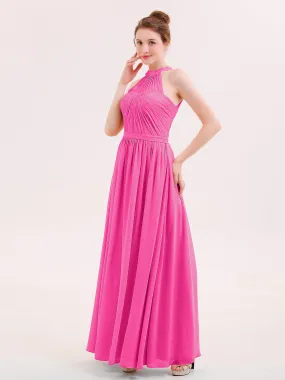 Halter Chiffon Long Bridesmaid Gown with Belt Fuchsia