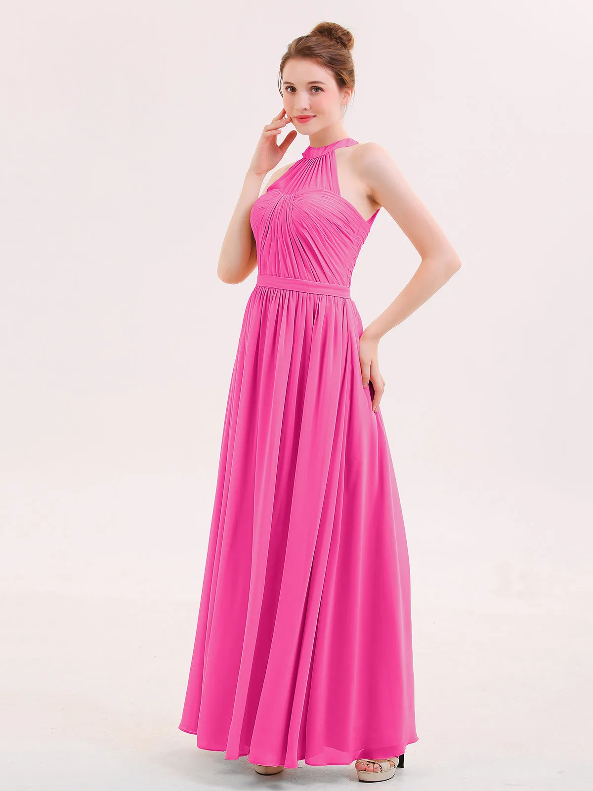 Halter Chiffon Long Bridesmaid Gown with Belt Fuchsia
