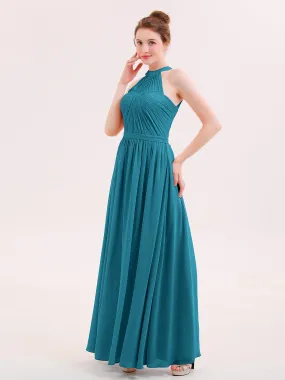 Halter Chiffon Long Bridesmaid Gown with Belt Ink Blue Plus Size