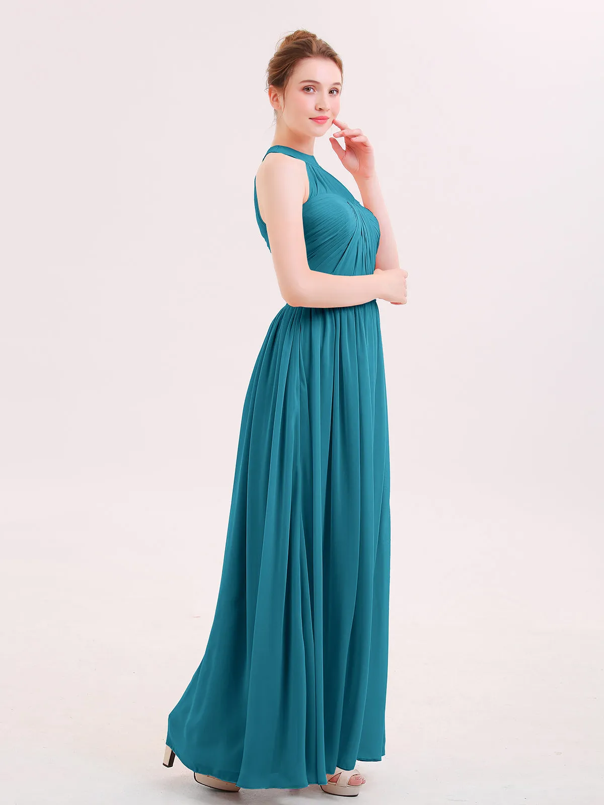 Halter Chiffon Long Bridesmaid Gown with Belt Ink Blue Plus Size