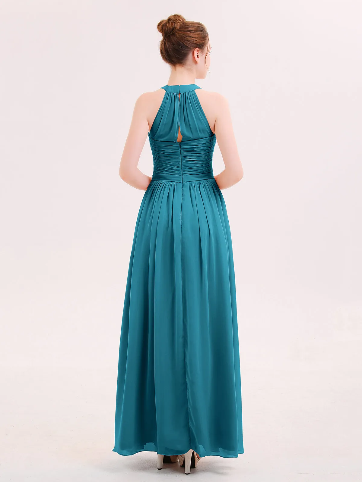 Halter Chiffon Long Bridesmaid Gown with Belt Ink Blue Plus Size