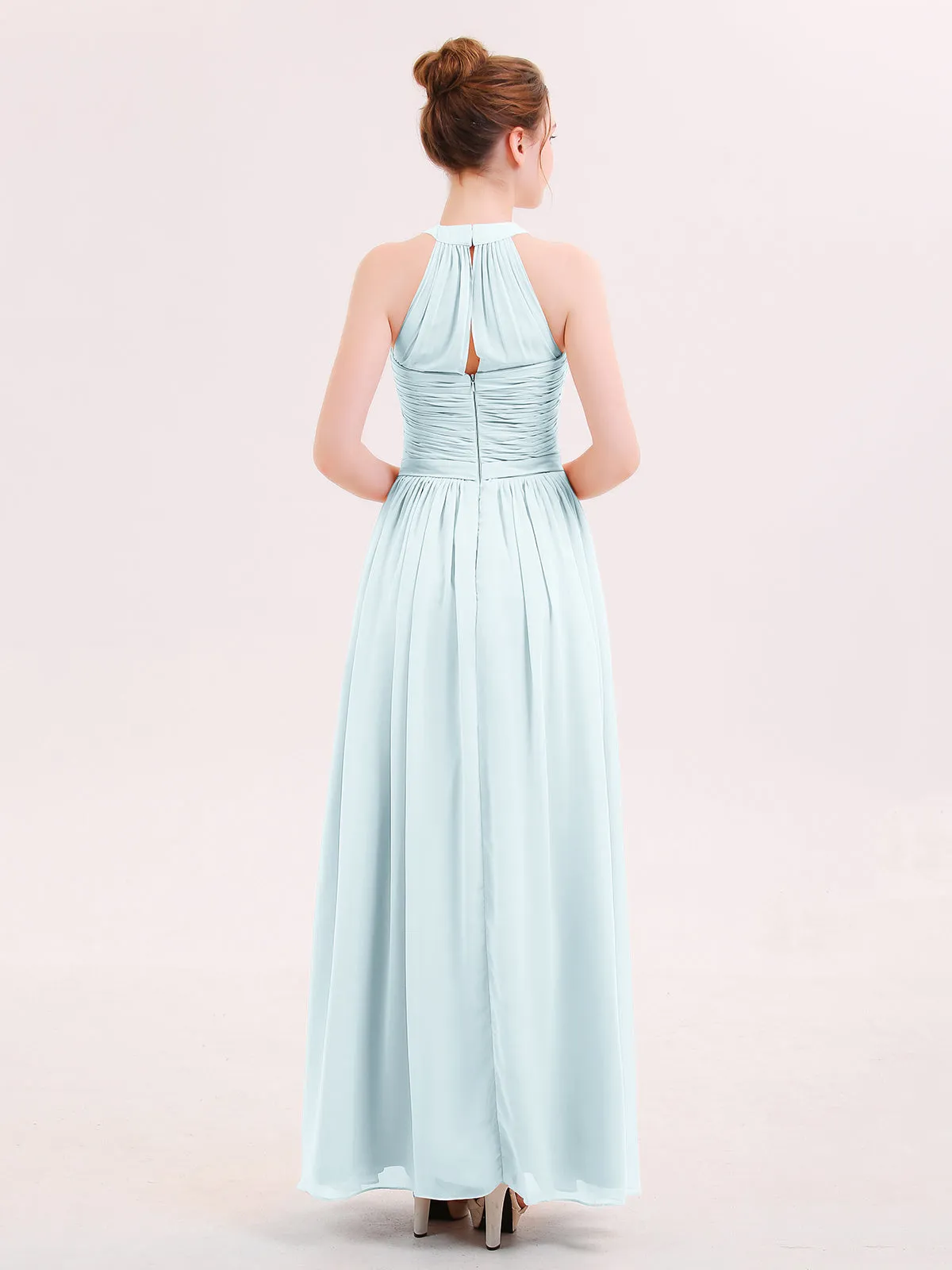 Halter Chiffon Long Bridesmaid Gown with Belt Mist