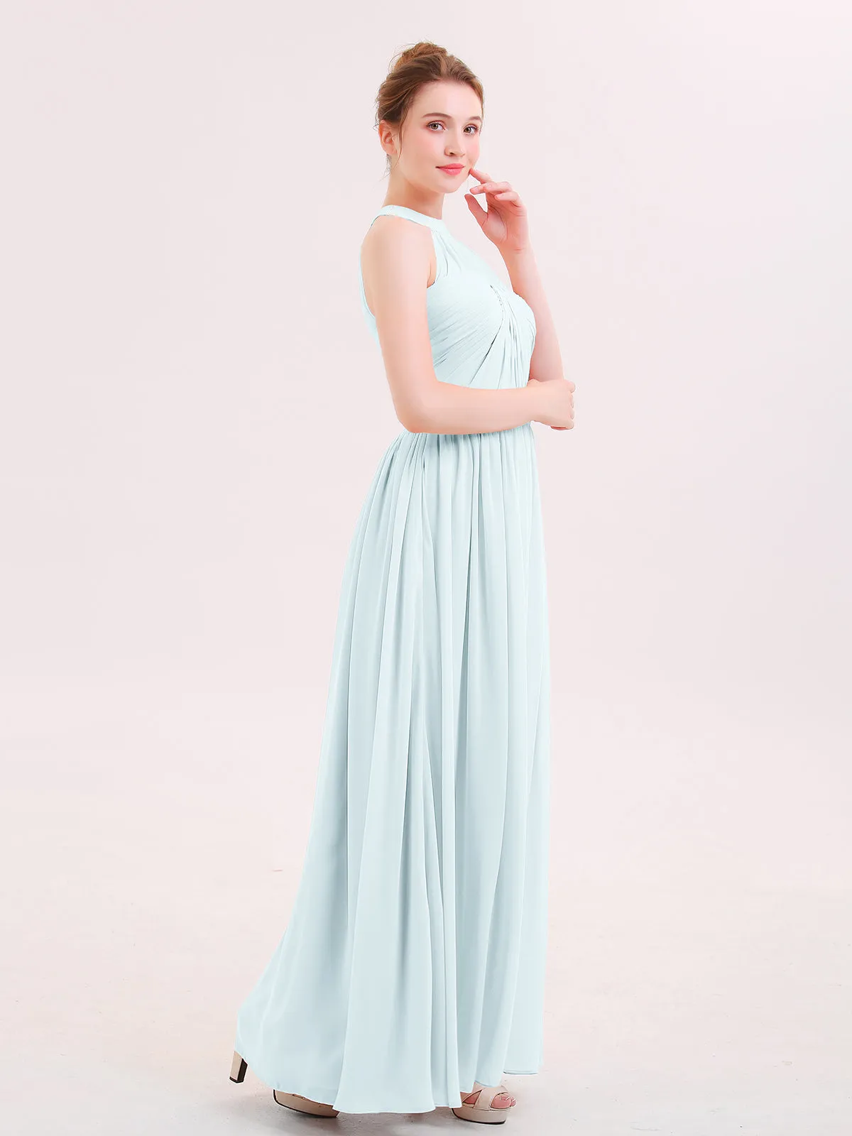 Halter Chiffon Long Bridesmaid Gown with Belt Mist