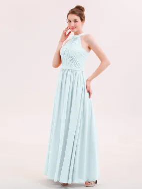 Halter Chiffon Long Bridesmaid Gown with Belt Mist