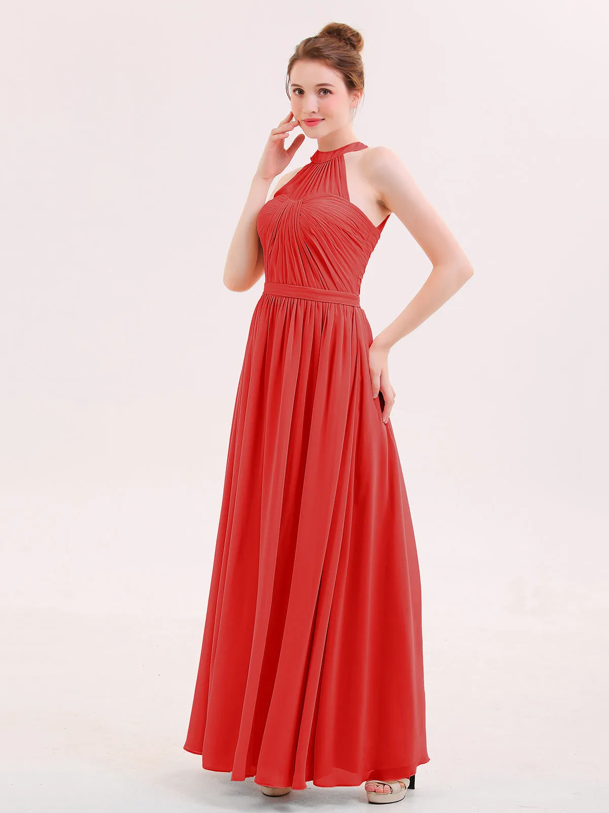 Halter Chiffon Long Bridesmaid Gown with Belt Red