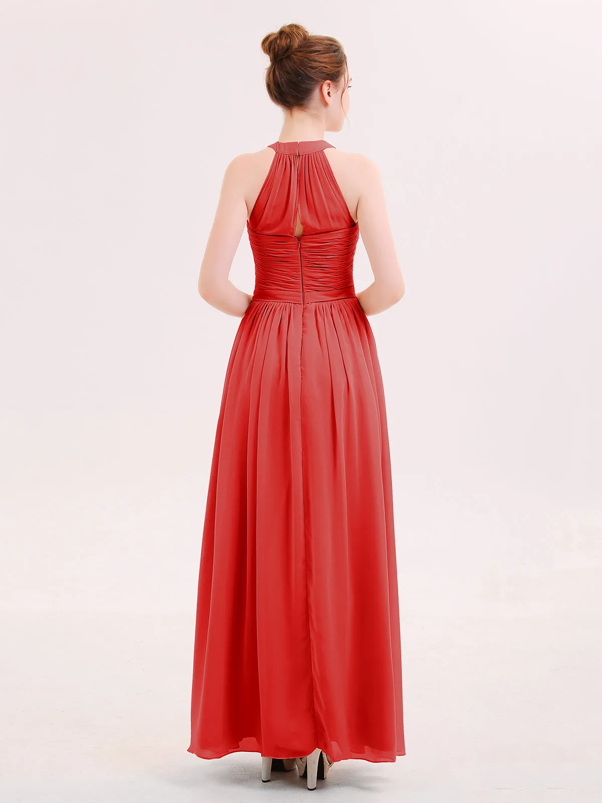 Halter Chiffon Long Bridesmaid Gown with Belt Red
