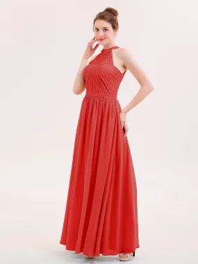 Halter Chiffon Long Bridesmaid Gown with Belt Red
