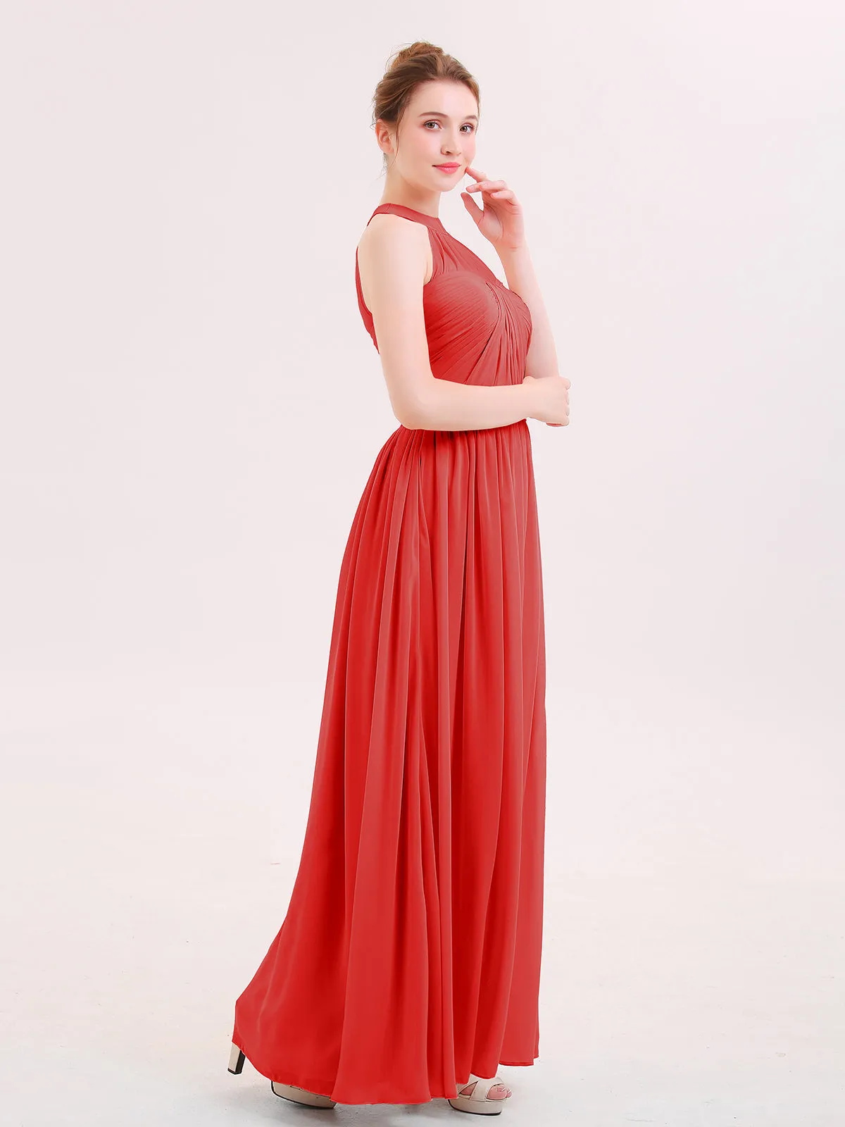 Halter Chiffon Long Bridesmaid Gown with Belt Red