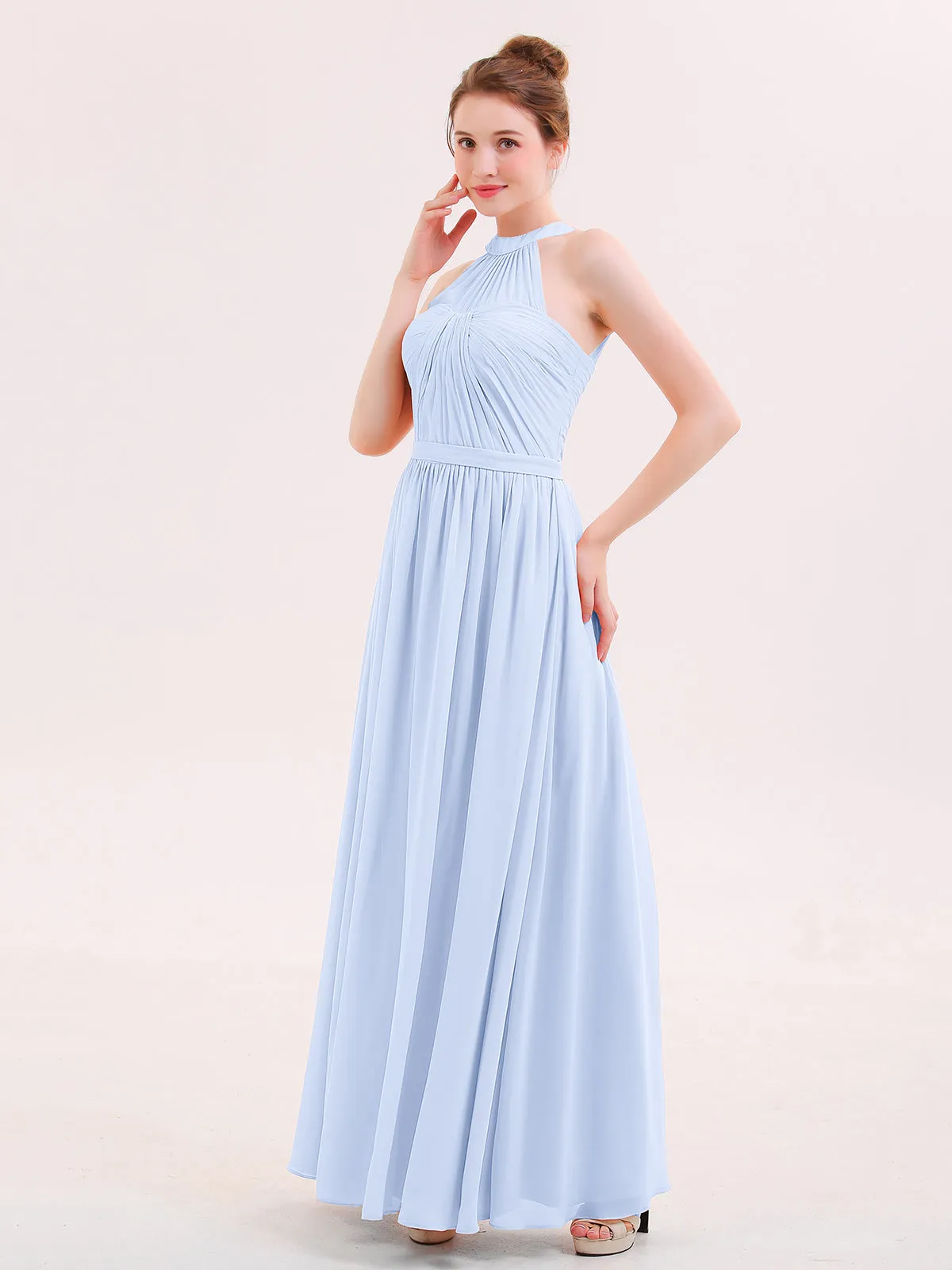 Halter Chiffon Long Bridesmaid Gown with Belt Sky Blue Plus Size