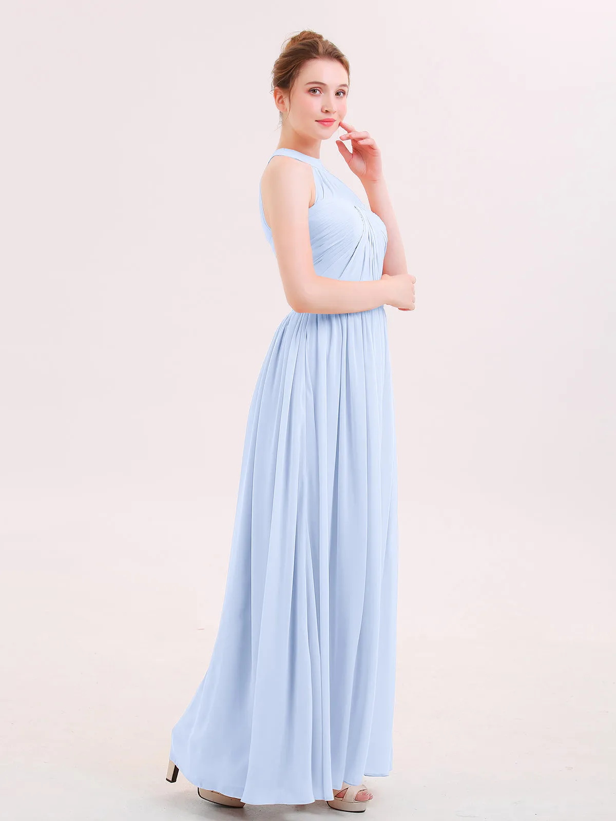 Halter Chiffon Long Bridesmaid Gown with Belt Sky Blue Plus Size