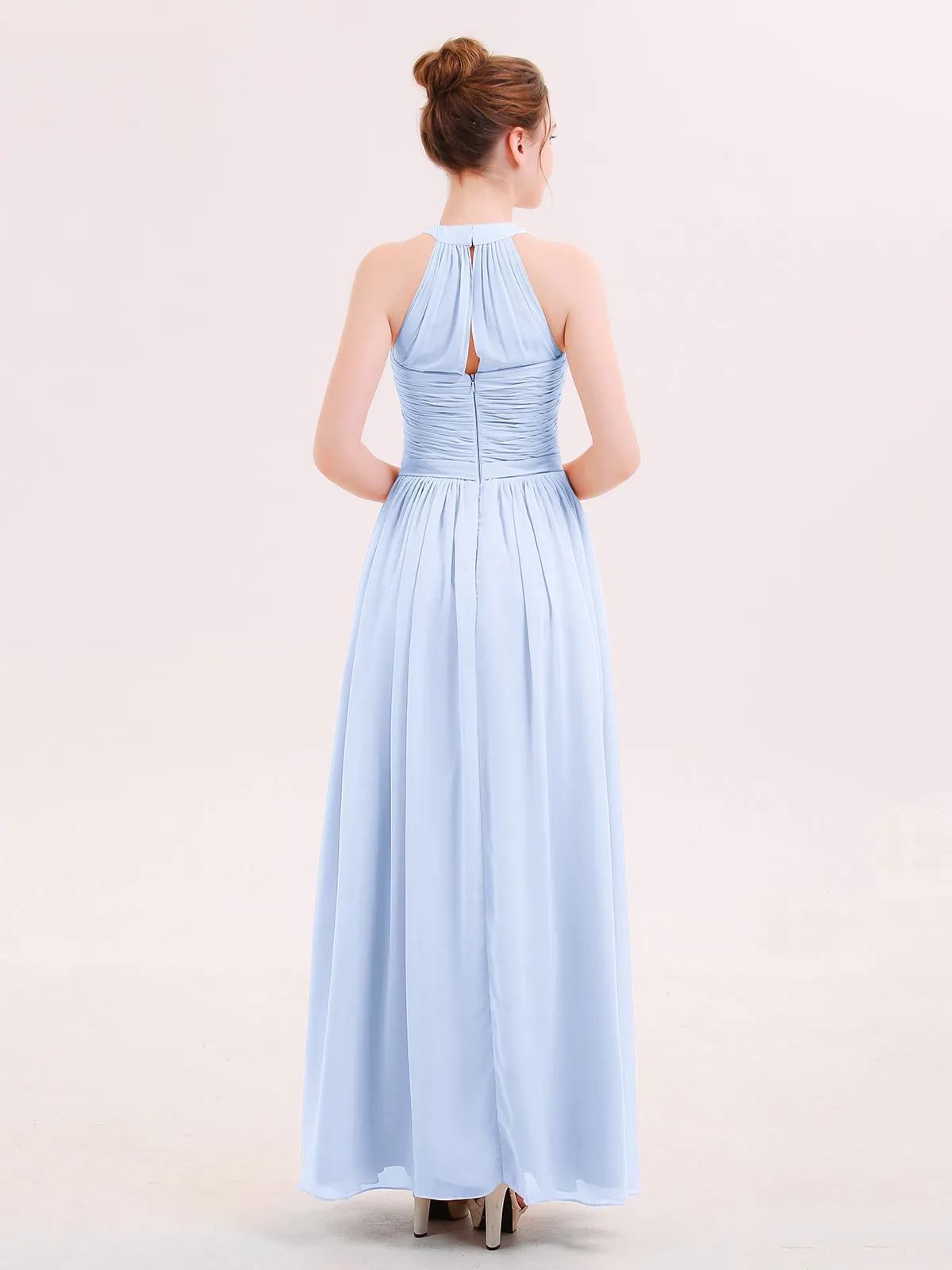 Halter Chiffon Long Bridesmaid Gown with Belt Sky Blue Plus Size