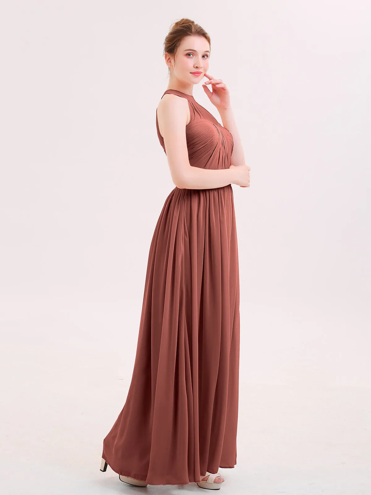 Halter Chiffon Long Bridesmaid Gown with Belt Terracotta Plus Size