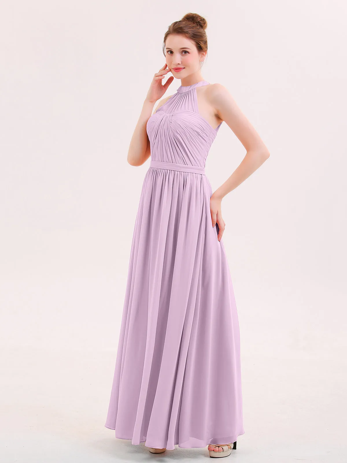 Halter Chiffon Long Bridesmaid Gown with Belt Wisteria Plus Size