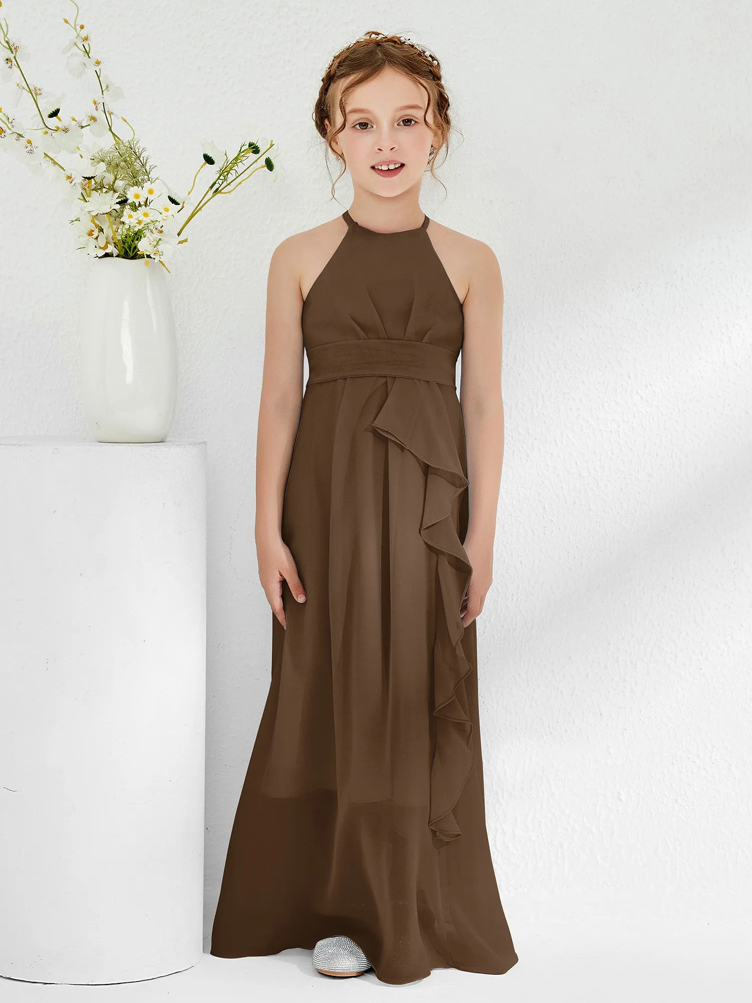 Halter Neckline Junior Bridesmaid Dresses with Sash Brown