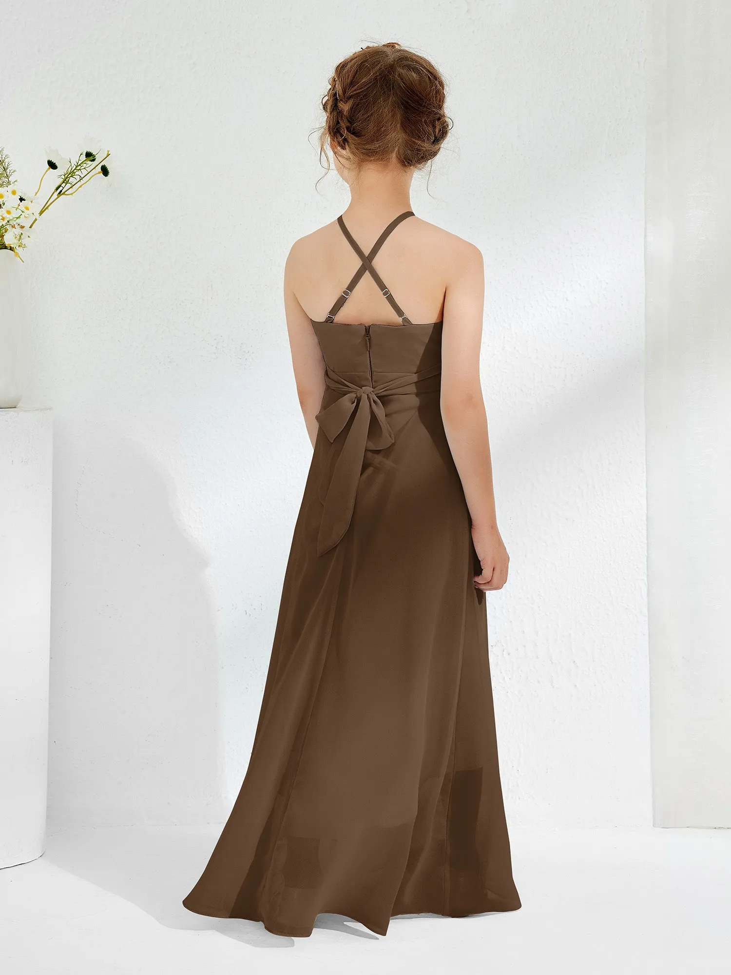 Halter Neckline Junior Bridesmaid Dresses with Sash Brown