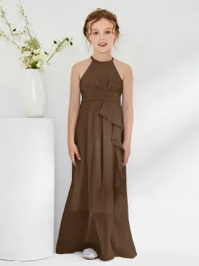 Halter Neckline Junior Bridesmaid Dresses with Sash Brown