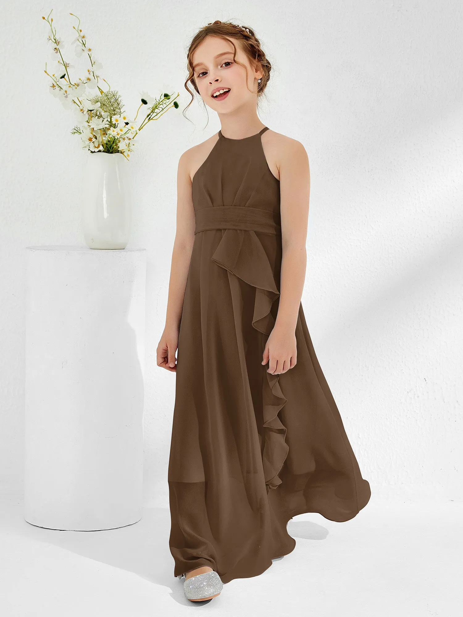 Halter Neckline Junior Bridesmaid Dresses with Sash Brown