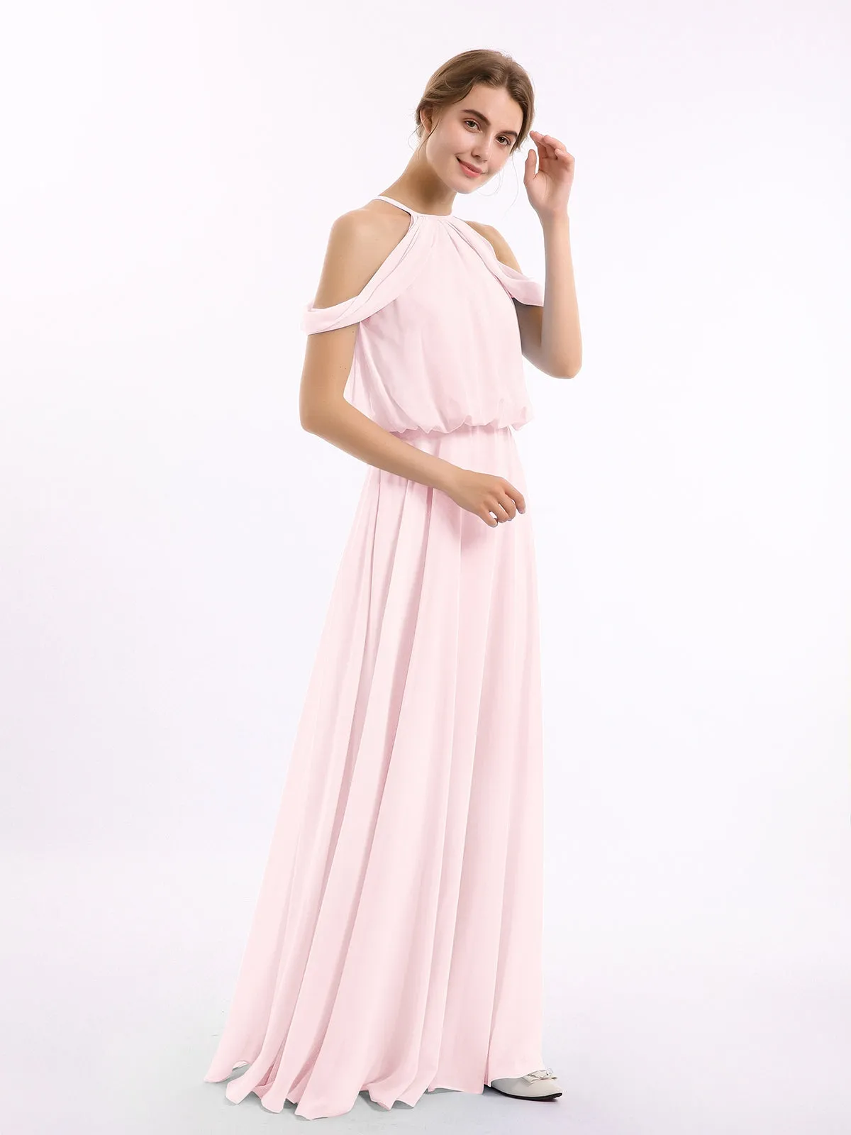 Halter Off the Shoulder Dress with blouson bodice Blushing Pink