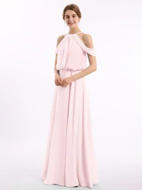 Halter Off the Shoulder Dress with blouson bodice Blushing Pink