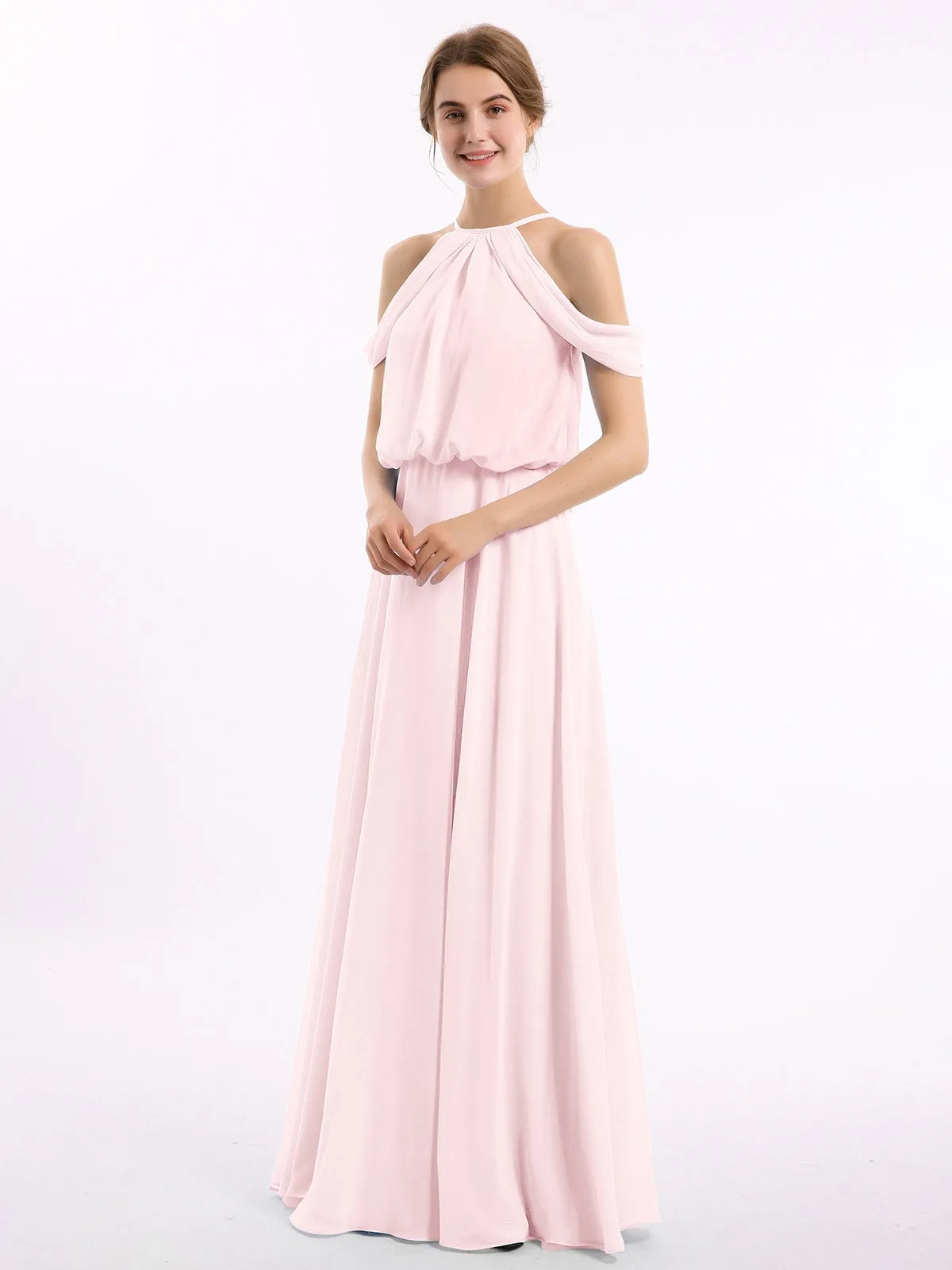 Halter Off the Shoulder Dress with blouson bodice Blushing Pink