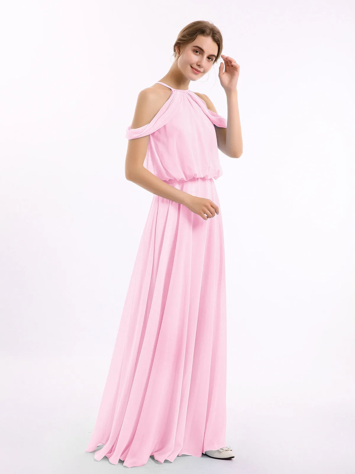 Halter Off the Shoulder Dress with blouson bodice Candy Pink Plus Size