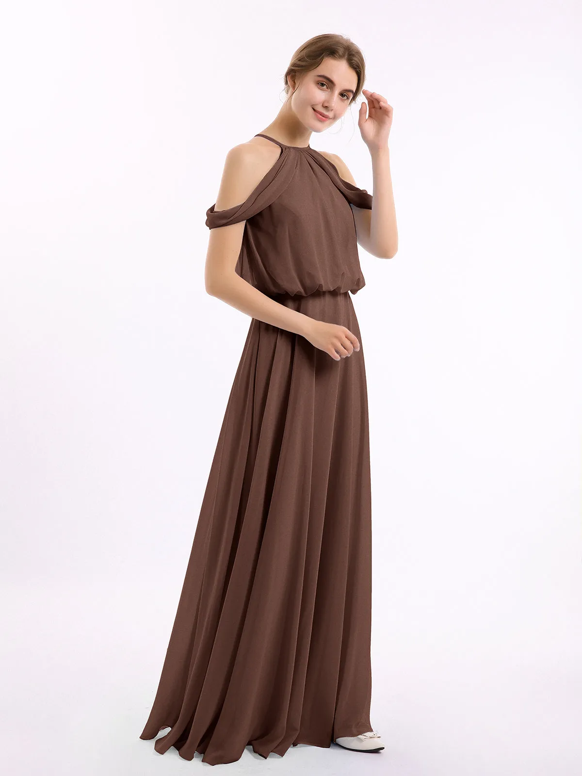 Halter Off the Shoulder Dress with blouson bodice Chocolate Plus Size