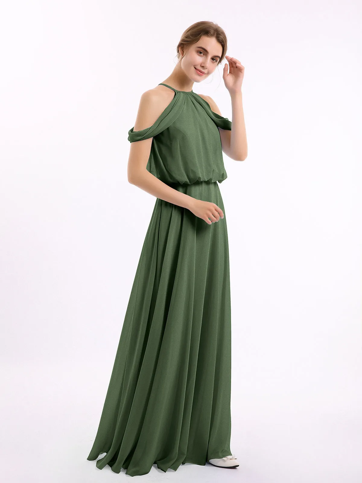 Halter Off the Shoulder Dress with blouson bodice Olive Green Plus Size
