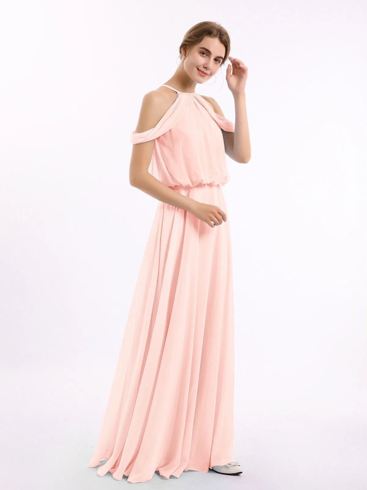 Halter Off the Shoulder Dress with blouson bodice Pearl Pink Plus Size