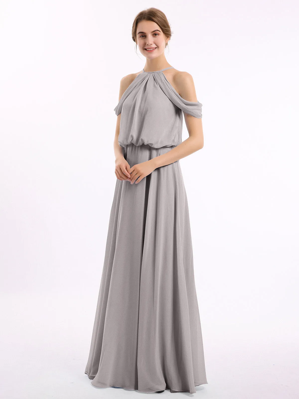 Halter Off the Shoulder Dress with blouson bodice Silver