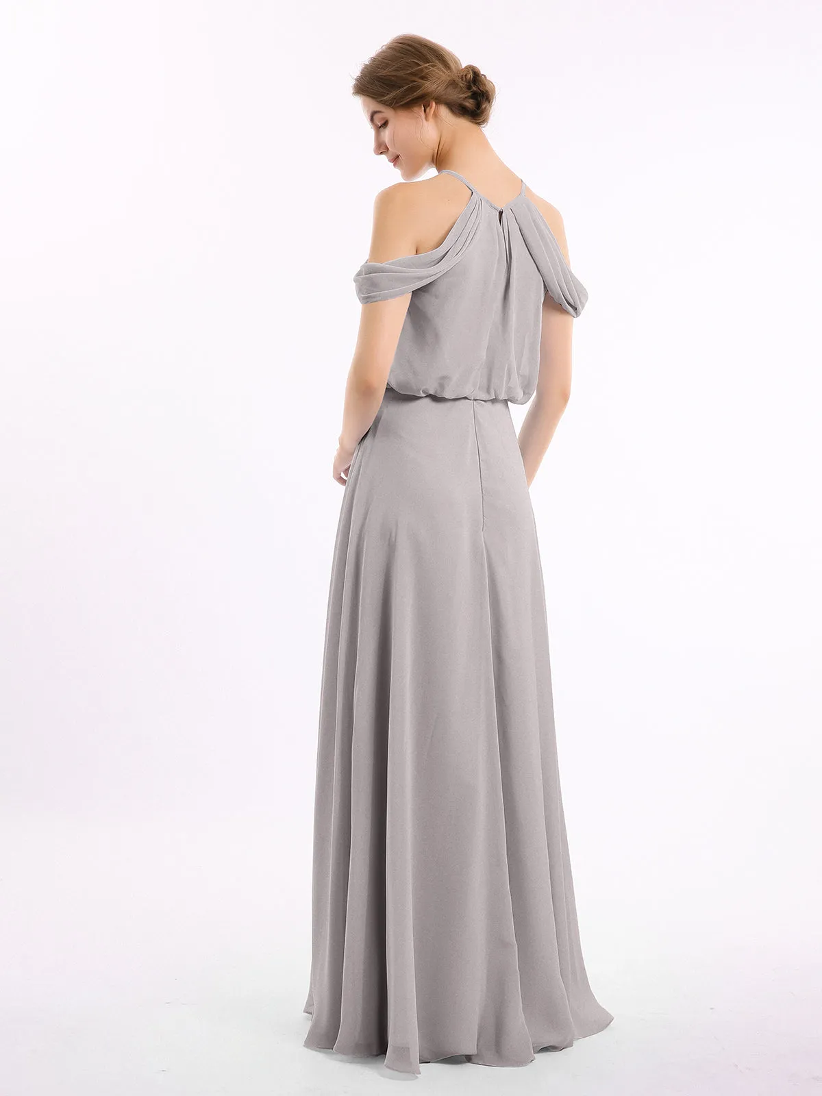 Halter Off the Shoulder Dress with blouson bodice Silver