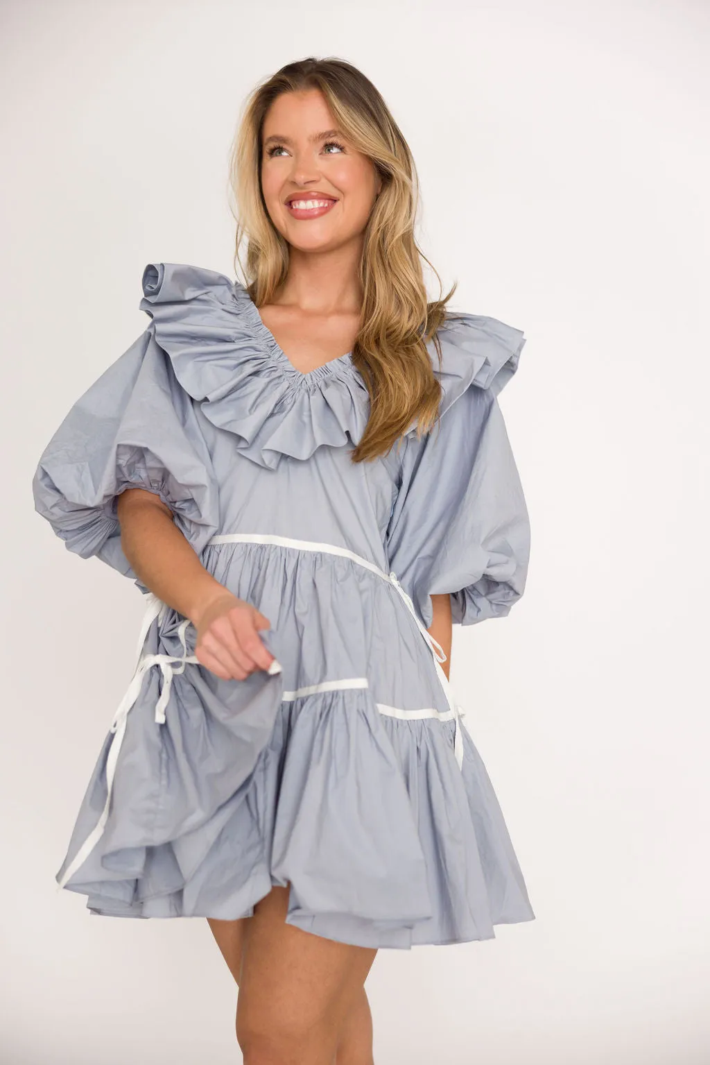 Hazel Babydoll Mini Dress in Blue