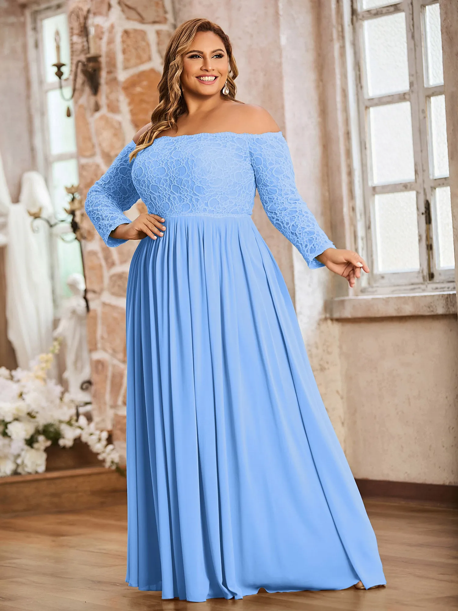 Lace and Chiffon Long Sleeves Dresses with Pockets-Blue Plus Size