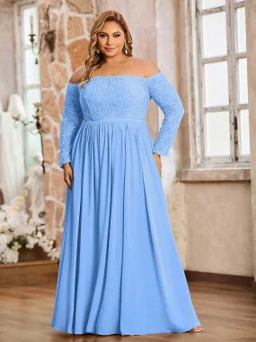 Lace and Chiffon Long Sleeves Dresses with Pockets-Blue Plus Size